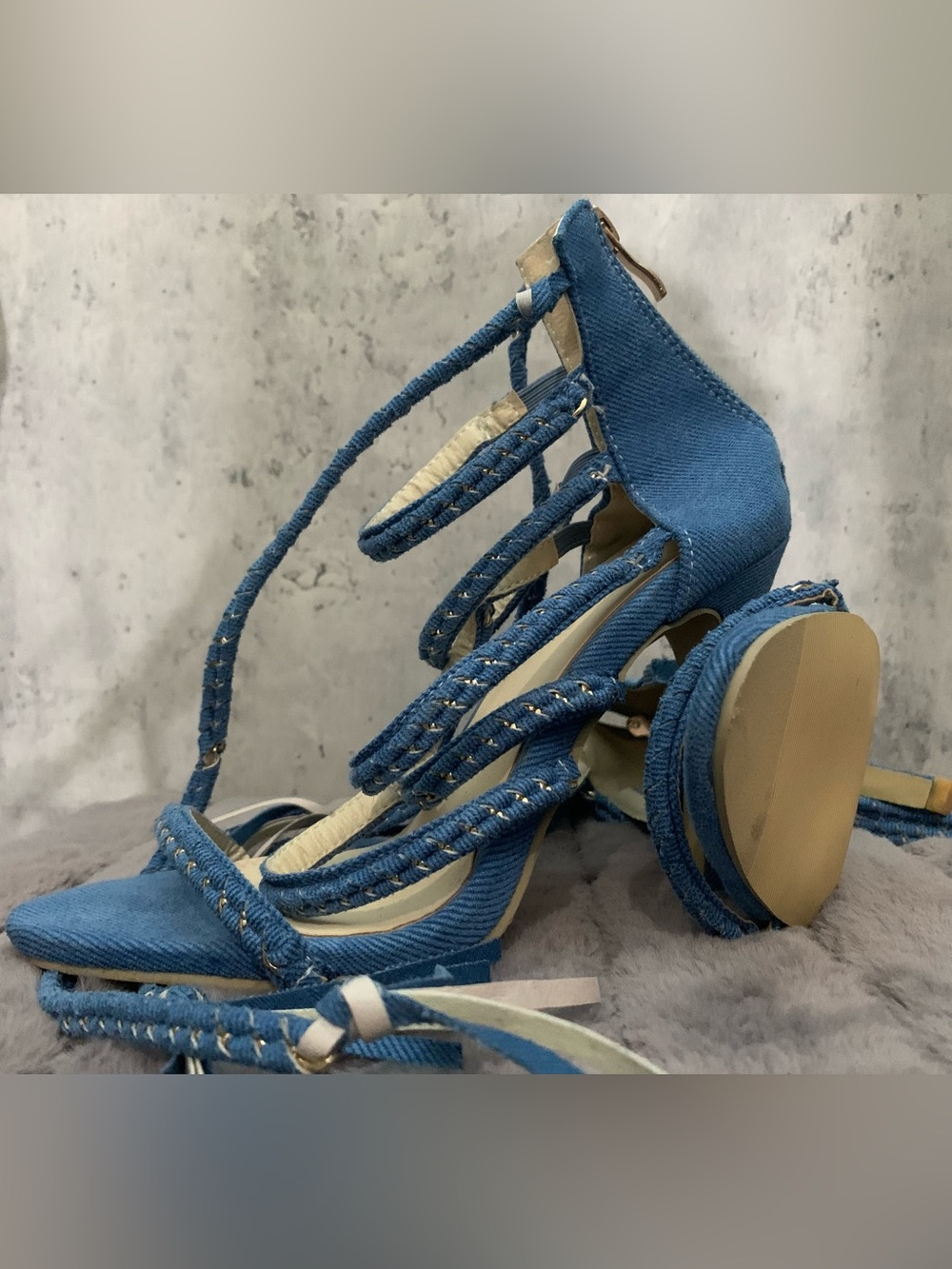 Blue Strappy Denim High Heel Sandals